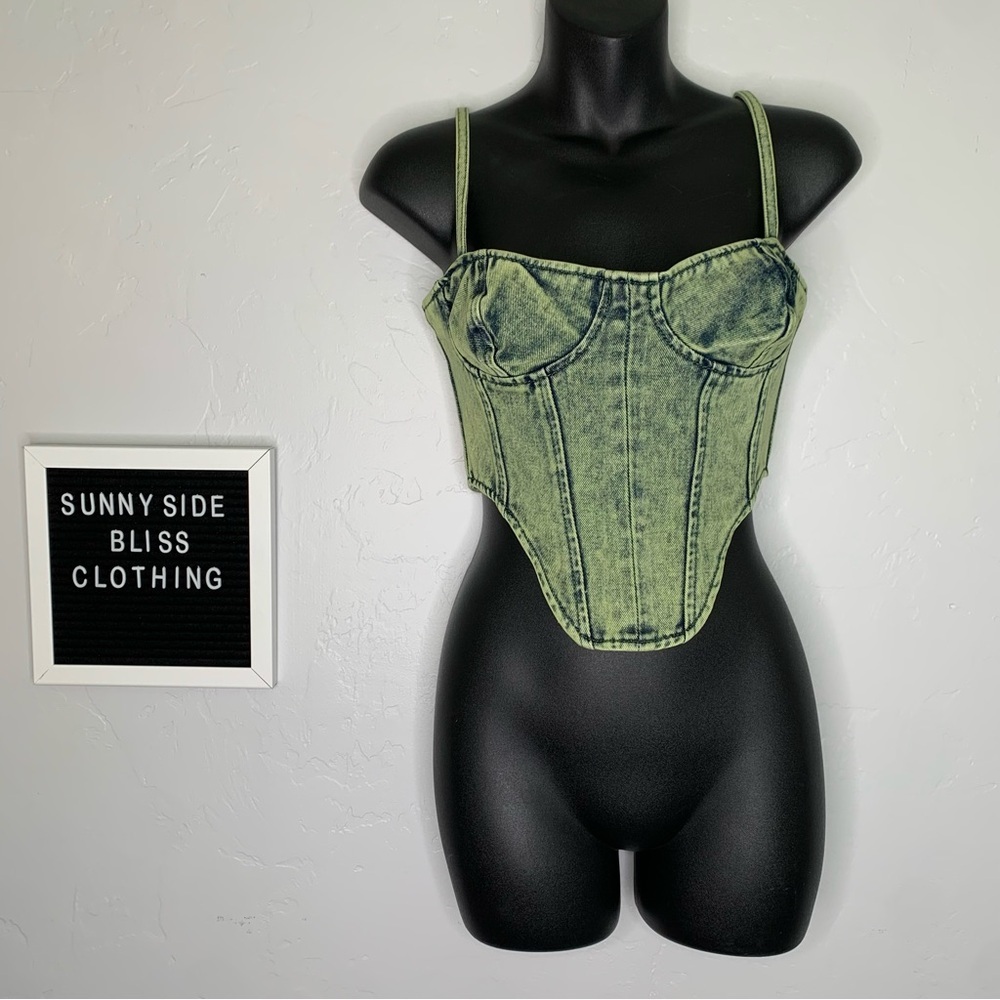 PrettyLittleThing Green Denim Corset Top Dipped Hem Structured Bustier Size 0